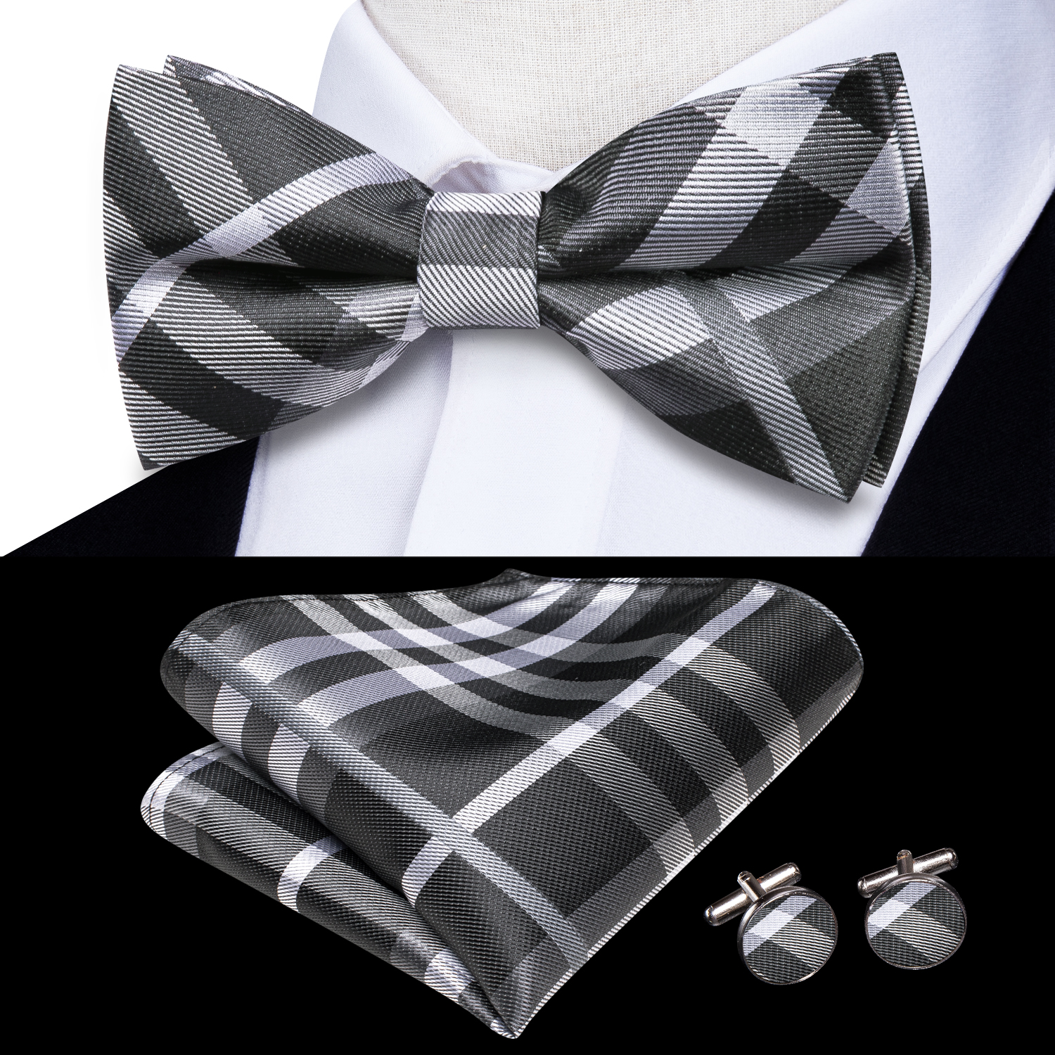 Hi-Tie Grey Plaid Jacquard Pre - Bow Tie Pre Tied reseña y precio